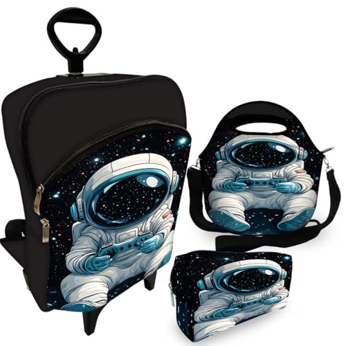 Kit Mochila de Carrinho C/Roda Infantil + Lancheira + Estojo Astro Controle