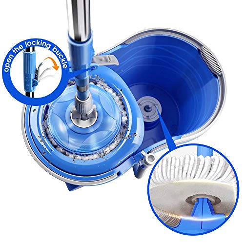 Mastertop Spin Mop Bucket With Wringer Set, 3.17 Gallon Large Bucket, Stainless Steel Floor Mop Handle, Easy Moving With Wheels, 5 Microfiber Mop Refills, 1 Floor Brush #TOP1