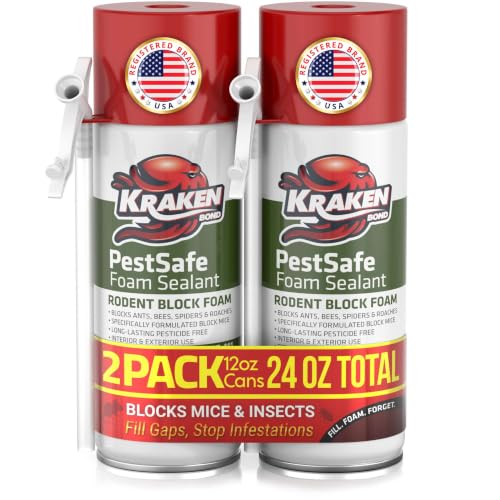 Kraken Bond Pestblokc Spray Foam Sealant - (2x12oz) Polyurethane Expanding Sealant for Gaps & Cracks with Mothball Odor Straw-Application Paintable Foam Filler for Wall Holes - 2 Pack