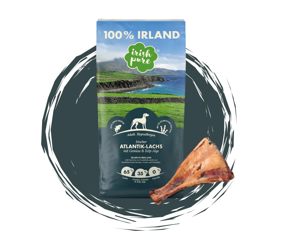 Irish Pure Adult - Atlantik Lachs 12kg + Rinderschulterblatt - Getreidefreies & Hypoallergenes Trockenfutter - Premium-Hundefutter + Snack im Vorteilspaket - Sparpaket - Trockenfutter und Leckerli Mix