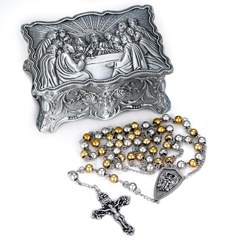 St Michael Rosary for Men Women 925 Sterling Silver Catholic Rosary with Cross Archangel Medal - Rosario de Plata 925 para Hombres Stainless Steel Chain Catholic Prayer Beads