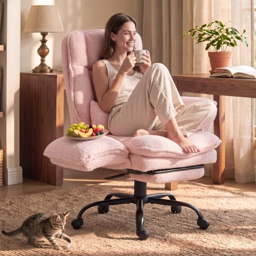 Image of Wider Seat Office Chair with Flip Armrests for Criss Cross Legged&Cats, Big and Tall Executive Ergonomic Reclining Chair with Footrest&Lumbar Pillow, Teddy Fleece Desk Chair, Pink Vanity Chair