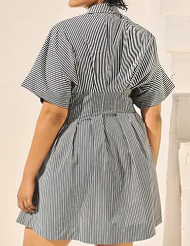 Image of MISSACTIVER Women Pleated Button Down Shirt Dress Short Sleeve Striped Corset Mini Dresses Casual Summer Short Dress