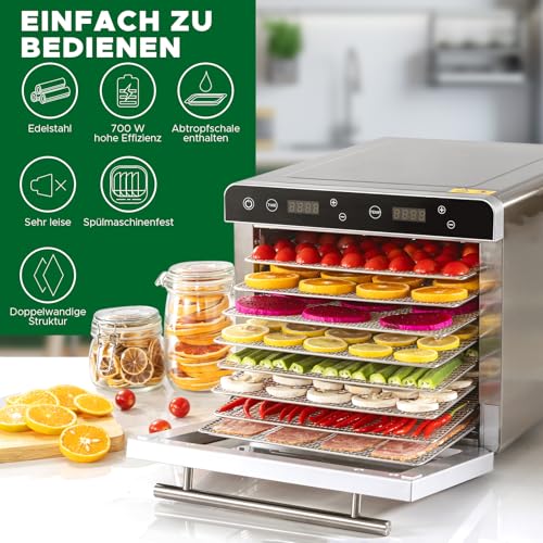 Kwasyo Dörrautomat Edelstahl Trockenkapazität 3,8 kg Rindfleisch, 0,67 m² Trockenfläche, 8 Edelstahl-Dörrtabletts (28x30 cm), 35-85°C Dörrgerät für Hundeleckerlis, Kräuter, Fleisch, Obst, Joghurt – Bild 7
