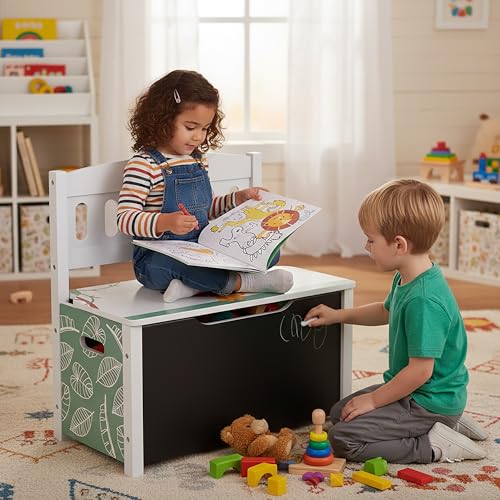 Banco infantil con pizarra ideal para ordenar juguetes en cuartos de juego 3
