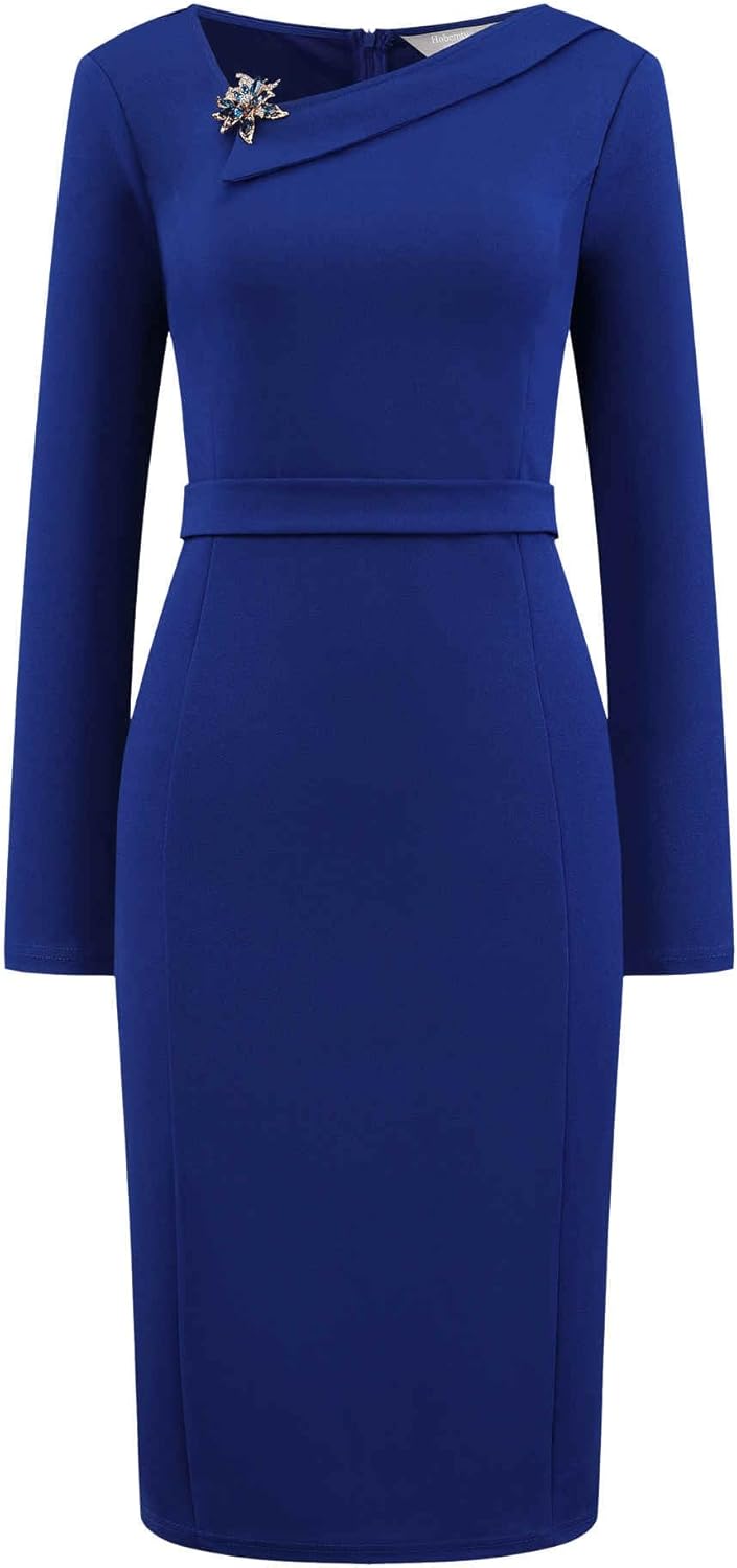 Hobemty Women's Elegant Sheath Dress Asymmetrical Neckline Wear to Work Pencil Dresses