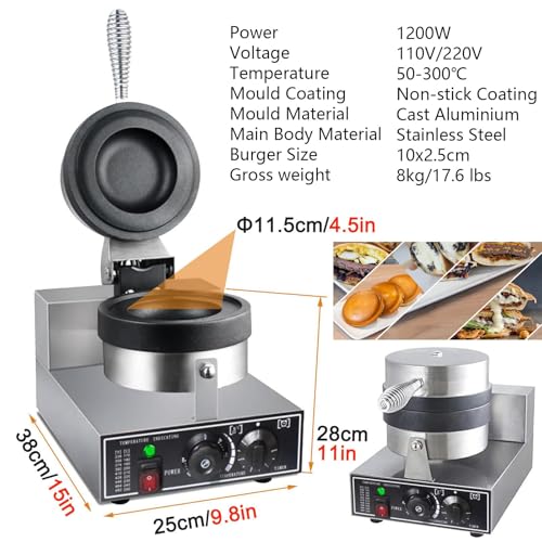 Lody Burger Maker, 4 cale 1200W Waffle Maker Mould 50-300 ℃ Non-Stick Hamburger Press Home Waffle Maker for Burgers Patties Gotowanie BBQ Hamburger Patty