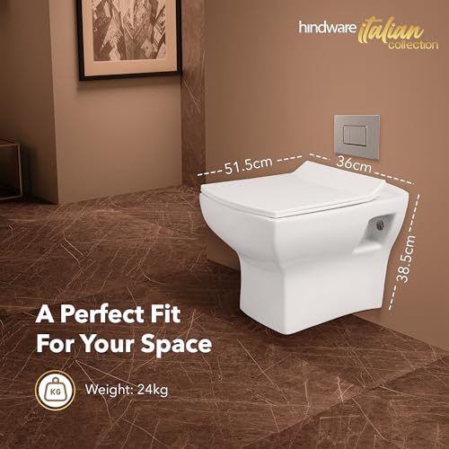 Image of Hindware Italian Collection Fluid Wall Hung Western Commode with Duroplast Seat Cover for Bathroom | Made of Ceramic | Star White | Geomteric Shape | Wall Mount Ewc