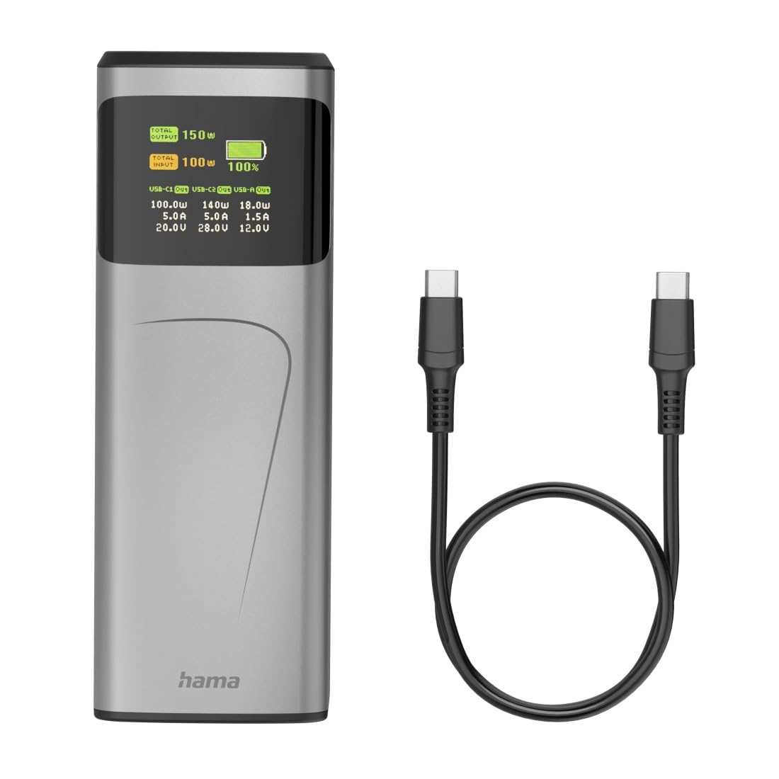 Hama | Power Bank High Power 24.000 mAh 150 W USB-C PD Pantalla TFT | Power Delivery 3.0 y Quick Charge 3.0, 2 USB-C y USB-A, ideal para portátil, tablet, gaming y smartphone, Gris