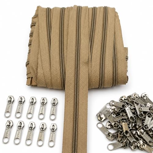 Image of M Fabrics 5 Meters Open Zipper with 10 Steel Zip Puller in Meter for Tailoring, Stitching, Bags and Purse (Open Ended Zip) - (5 Meter Roll + 10 Steel Zips Runner) - (Beige)