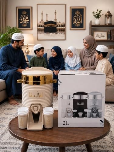 Image of ZAM ZAM Water Insulated Water Dispenser, 2L Capacity with 6 Cups, Cream and Gold Color with Arabic Calligraphy Design.| Best for HAJJ UMRAH Return Gift Hadiya.