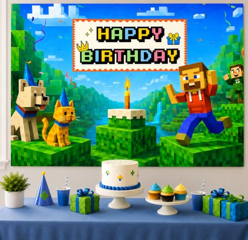 Image of Happy Birthday Banner Boy 6x4ft Birthday Sign Village Gaming Birthday Party Decorations Videogame Themed Banner Video Game Decorations Video Game Happy Birthday Backdrop for Boys