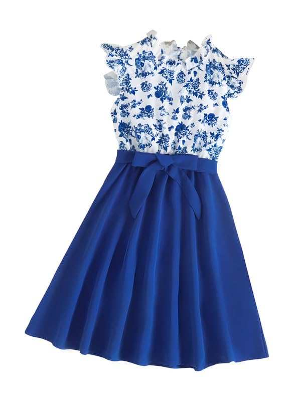 Image of Niren Enterprise Girl's Floral Pattern Rayon Frock Dress with Cap Sleeve Round Neck Knee Length and A-Line Pull On Closure Type