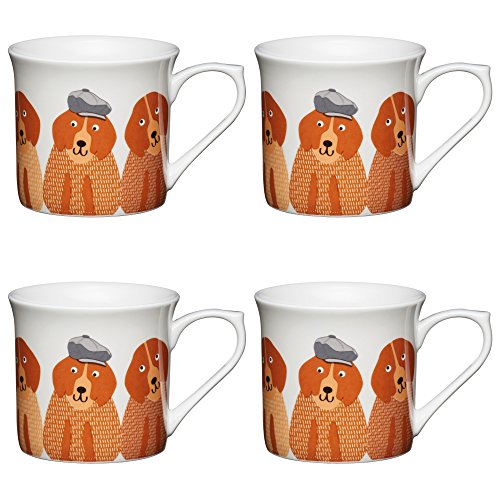 Image of KitchenCraft Fine Bona China 'Dogs' Fluted Printed Animal Mugs, 300 ml - Multi-Colour (Set of 4)