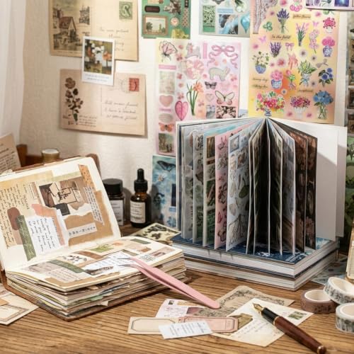 Image of PATPAT Retro Sticker Book, 990 Pieces with Tweezer, Kawaii Journaling Set