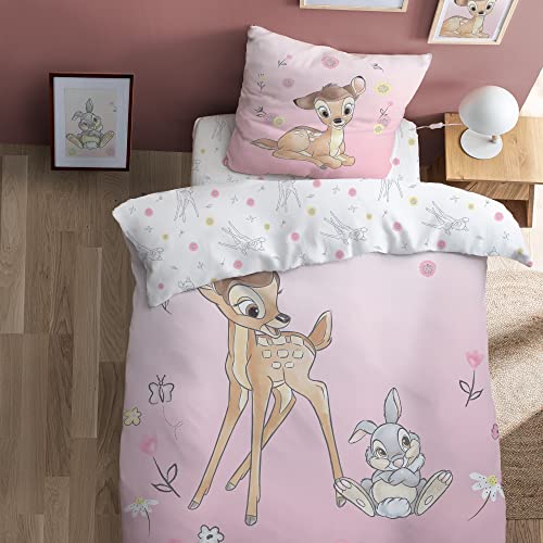 Disney Bambi Flowers Parure de Lit Enfant 1 Personne | 100% Coton | Oeko-TEX | Housse de Couette 140x200 cm + 1 Taie d'oreiller 63x63 cm | Imprimé Réversible Fille |...