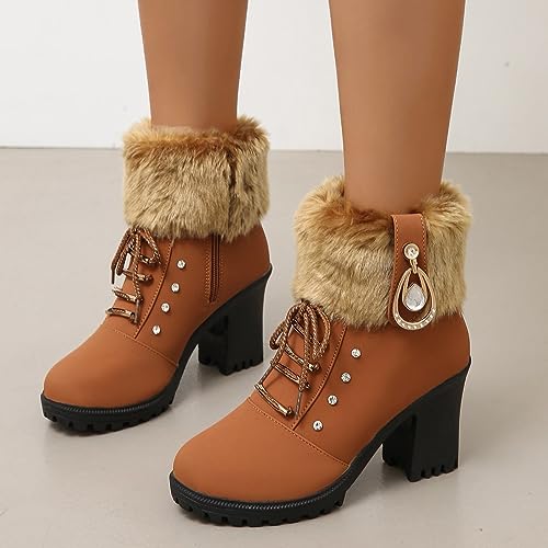 Women's Lace Up Winter Snow Boots Cold Weather Outdoor Rhinestone Warm Boot,Lace Up Round Head Plush Lined Chunky Heel Thermal Snow Boots2