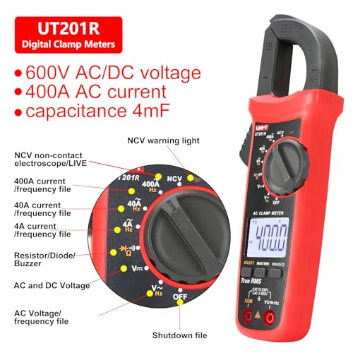 UNI-T UT201R Digital Clamp Meter 4000 Counts Multimeter Auto Range True RMS Clamp Meter DC Current Meter, Red - Image 3