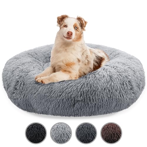 bluzelle Hundebett Große Hunde, 100cm Hundekissen Rund Donut Kissen Hundekorb Flauschig Plüsch, Ergonomisch Bezug Waschbar rutschfest Weich Kuschelig Kunstfell, Farbe:Hellgrau