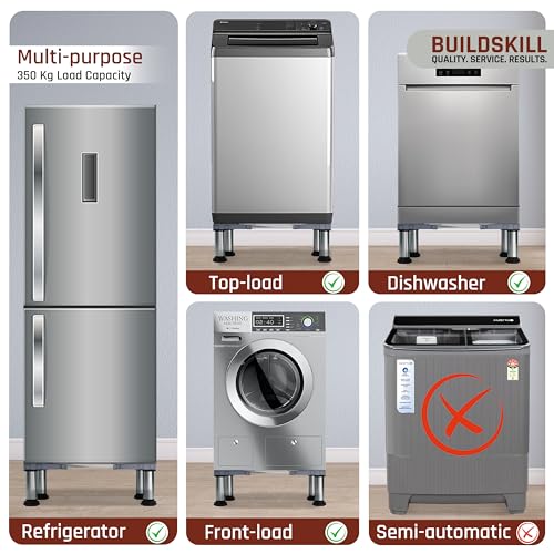 Image of BUILDSKILL 350kg Load Capacity Washing Machine Stand Adjustable | Spirit Level | Anti-Vibration Mats | Dual SS Tubes | Legs with Rubber Pads | Without Wheels Height Stand for Washing Machine (Grey)