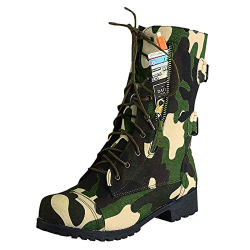 Combat Boots Womens Mid Calf Ankle Boots for Women Casual Fashion Camouflage Lace Up Low Heel Combat Military Boots