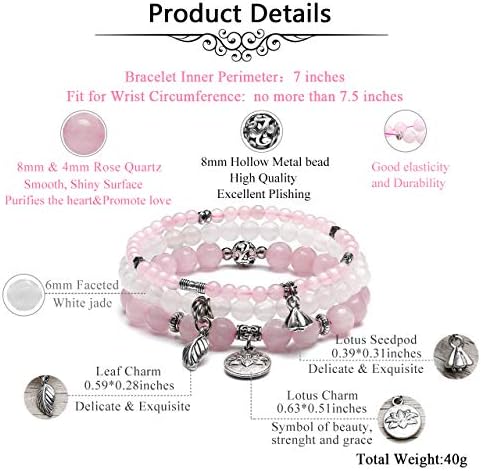 JSDDE Natural Crystals Bracelet Set Reiki Healing Crystal Gemstone Beads Stretch Bracelets with Lotus Leaf Charm for Women Christmas Gift