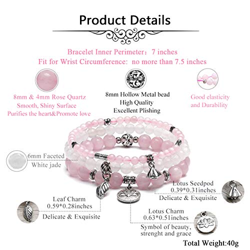 Jovivi 3Pcs Rose Quartz Crystal Beaded Chakra Bracelet Natural Healing Energy Beads Stone Therapy Reiki Stackable Stretch Bracelets Set For Women #TOP4