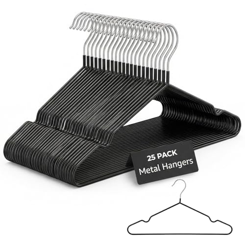 Rainberg 25 Pack Premium Rubber Coated Metal Hangers Heavy Duty Space Saving Organiser Clothes Hangers For Wardrobes Coat Rack Rails Thin and Non-Slip Black (25 Pack)