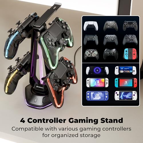 Image of Zebronics PS5S Quad Gaming Controller Stand with Headphone Hanger, Supports PS5, PS4, Xbox & Switch Controllers, 12 Dual Zone RGB Lighting, Dual USB Hub, Anti-Slip Base