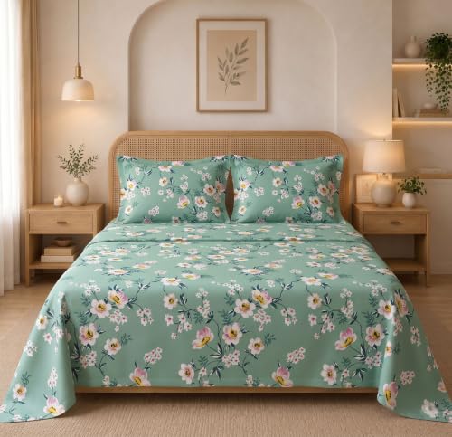 Image of HOMEKART Glace Cotton 160 TC Leaf Printed Double Bedsheet with 2 King Size Pillow Covers | Soft & Durable | 86 x 88Inches (Green & White)