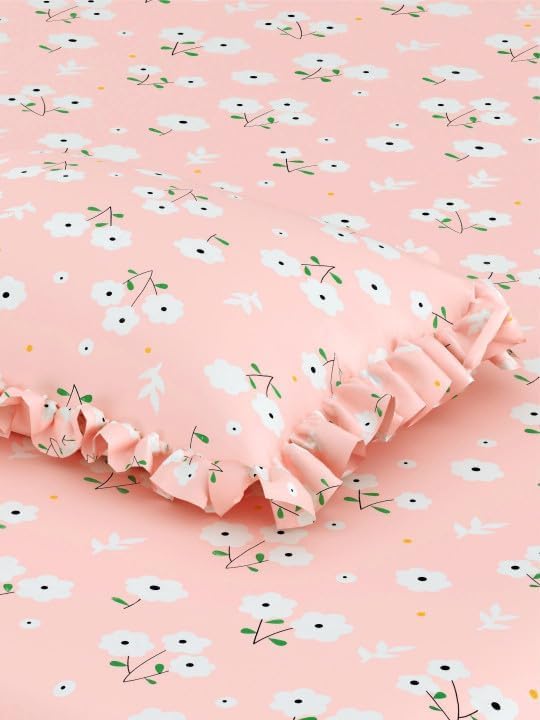 Image of 380 TC Premium Glace Cotton Elastic Fitted Bedsheet King Size with 2 Pillow Covers King Size | Double Bed with All Around Elastic (Pink Frill, Fitted Queen-60x78)