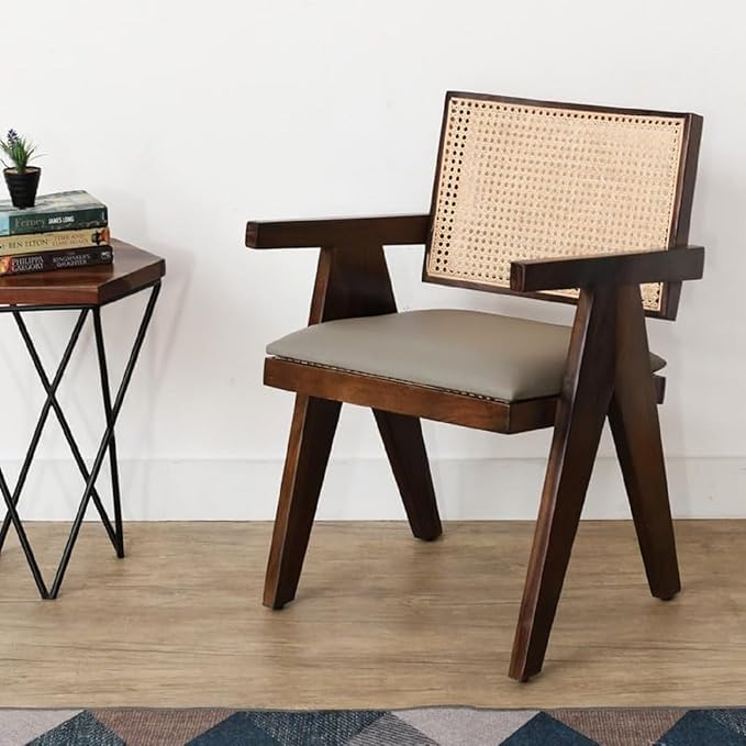 Image of Furniture Solid Sheesham Wood Arm Chair with Cushion and Cane Back Support Chair Living Room Bedroom Home Wooden Armchair Furniture Garden Balcony Outdoor & Indoor set (walnut finish set off 2)