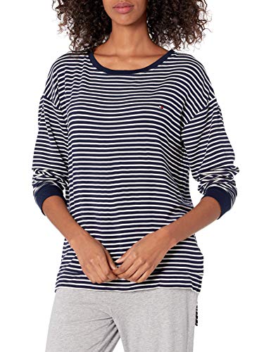 Tommy Hilfiger Women's Long Sleeve Pullover Logo Sweatshirt Pajama Top Pj, Variety Stripe Navy Blazer/Cloud Dancer, Small