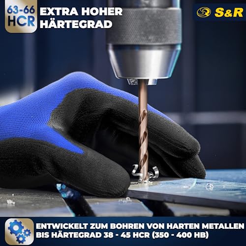 S&R Metallbohrer-Set 19-tlg, Metall Bohrerset HSS-G Co5, Kobalt-legiert, Hochleistungsbohrer für Edelstahl und hochfeste legierte Stähle, Größe 1,0-10 mm, DIN 1412 konischer Schliff 135 Grad