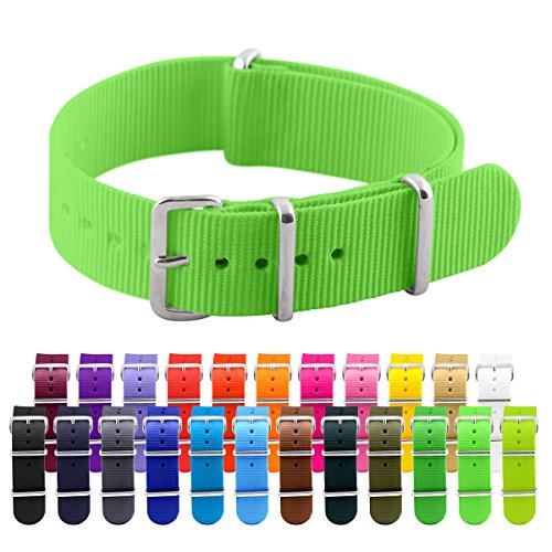 18mm Classic SS Nylon Solid Neon Green - Easily Interchangeable Replacement Military Watch Strap/Band - Fits All Watches!!!