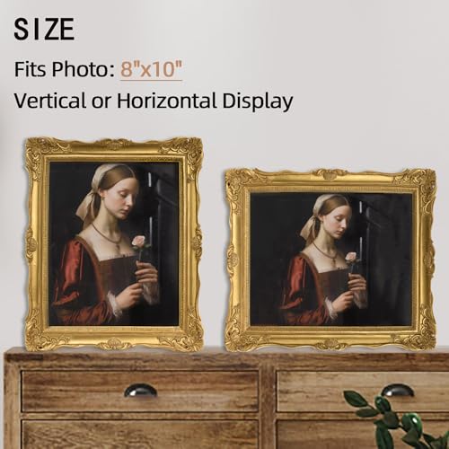 Image of Saysmile Vintage 8x10 Picture Frame Gold, Textured Antique Picture Frames with Embossed Flower Design, Ornate Frame for 8x10 Photo, Resin Antique Frames Tabletop & Wall Hanging, Home Decor