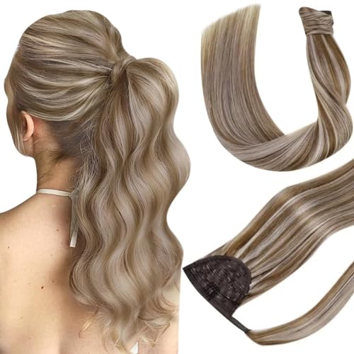 Hetto Ponytail Hair Extensions Real Human Hair Brown Ponytail Extensions Human Hair 20 Inch Blonde Clip in Ponytail Hair Extensions Secure with Comb & Velcro 80g #10/613