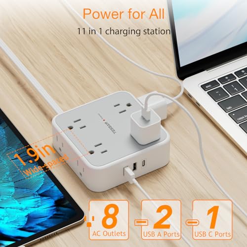 Image of TESSAN Surge Protector Power Strip, 20 Ft Flat Plug Extension Cord with 3 USB (1 USB C) 8 Outlets, 1250W, 900J Protection, 3 Sided Outlet Extender with Power Switch for Office, Dorm Room, Grey
