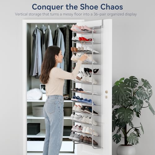 Image of Whitmor 36 Pair Over The Door Shoe Organizer, 12 Tier Hanging Shoe Organizer, Heavy Duty Metal & Mesh Shoe Holder, Hanging Shoe Rack for Closet Organizer & Storage, 74 inchH x 21.7 inchW x 7.5 inchD, Grey