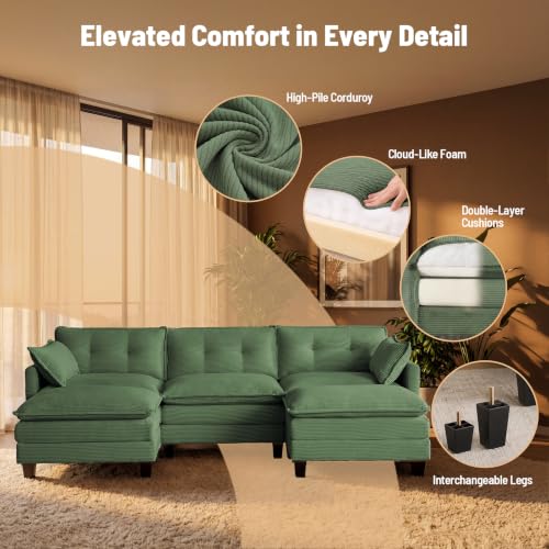 Image of Amsleekey 111.5 inch U Shaped Modular Sectional Sofa, Green Corduroy