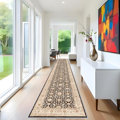 YOUFORTONG Washable 3x16 Hallway Runners: Soft Kitchen Rug Non Slip Rug Runner with Rubber Backing for Bathroom Non Shedding Farmhouse Runner Rug (Black, 3X16)