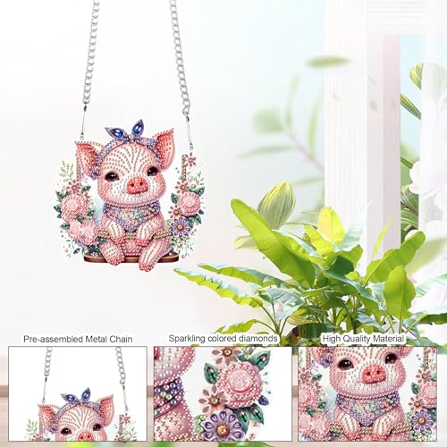 Image of AiYuanzsh 5D DIY Diamond Art Painting Kits Hanging Pendant, Piggy Diamond Art Hanging Sign DIY Special Shaped Crystal Pendant Ornaments for Door Wall Window Home Festival Decor