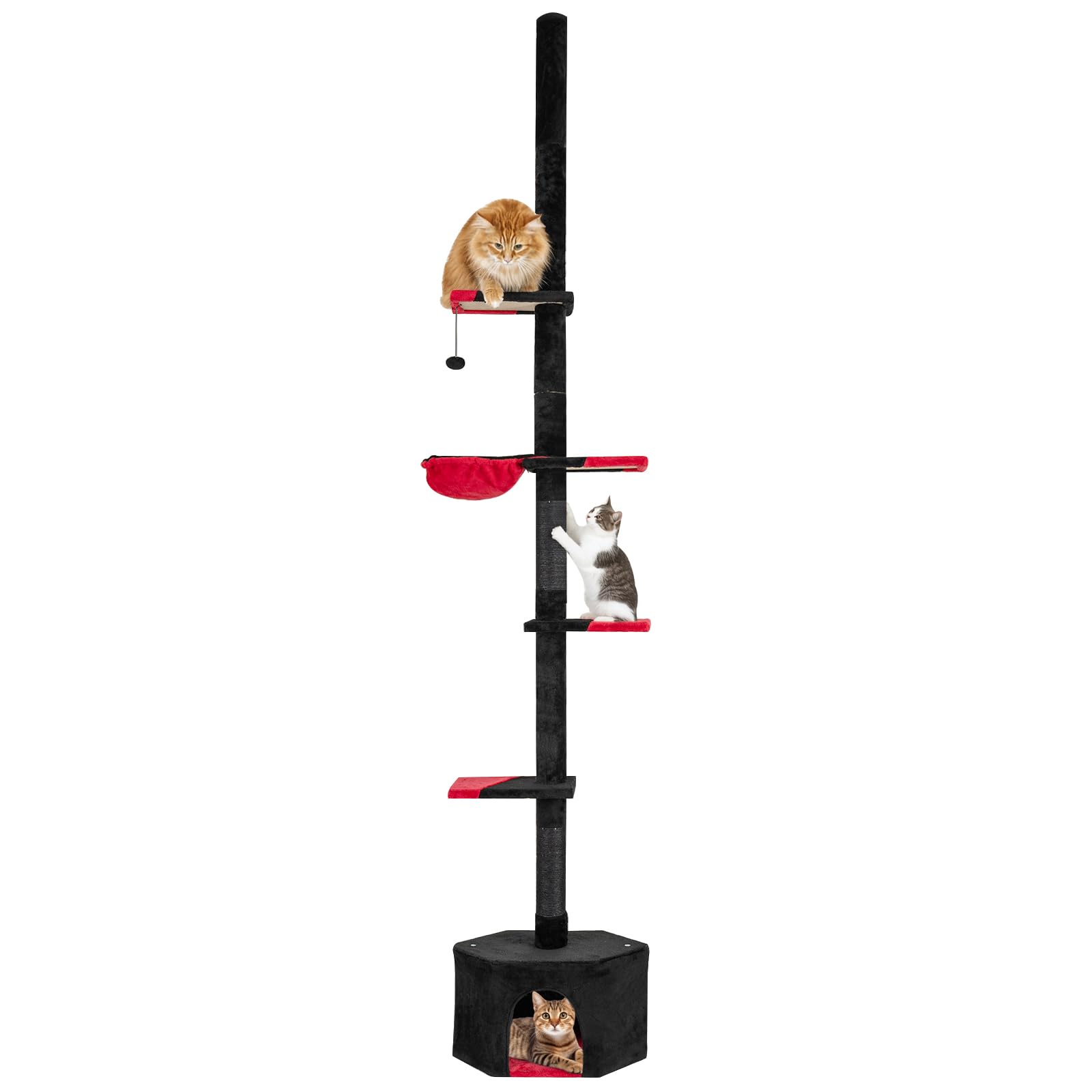 COSTWAY Árbol Rascador para Gatos Gótico de Suelo a Techo, Ajustable de 245-300 cm, Torre Alta de 5 Niveles con Caseta, Hamaca, Postes Rascadores de Sisal, Bola Colgante, Casa de Juegos para Gatitos