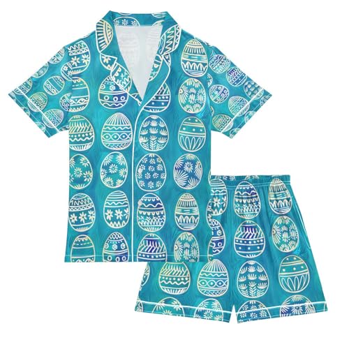 senya Mandala Blue Egg Satin Summer Pajama Sets Silk Short Sleeve Button Down Sleepwear