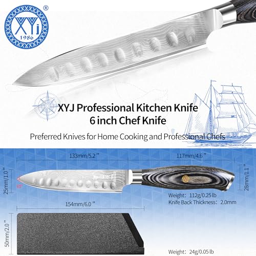 Image of XYJ 5 Inch Damascus Steel Japanese Chef Knife, Professional Kitchen Knife with Sharp Blade, Ergonomic Handle, Damascus Steel Santoku Knife for Kitchen Use