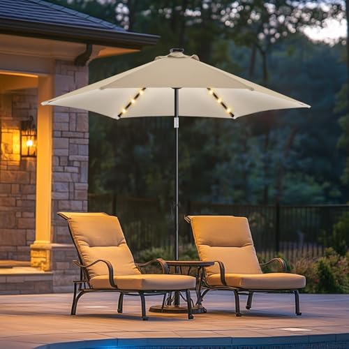 wikiwiki 7.5ft Solar Led Patio Umbrella, Sturdy Outdoor Market Umbrella for Deck, Pool, Garden w/Tilt, Crank, 18 LED Lights, Beige