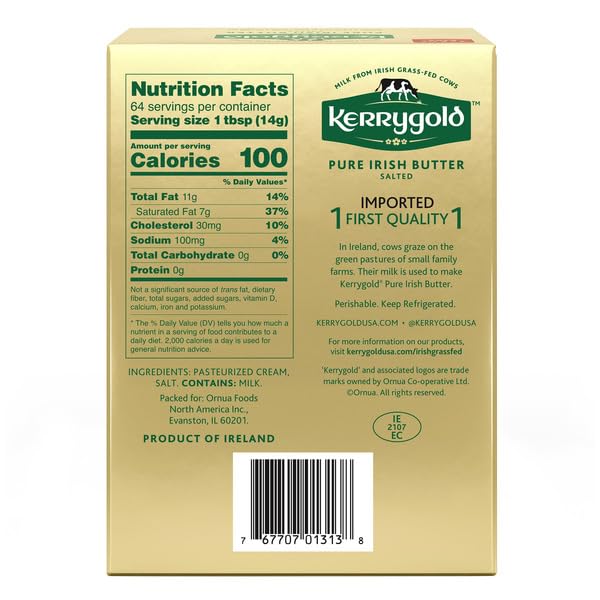 Pure Irish Butter, Salted, 8 oz, 4-count, Salted sweet cream butter; Milk from grass-fed cows; 8 oz bar, PASTEURIZED CREAM, SALT.