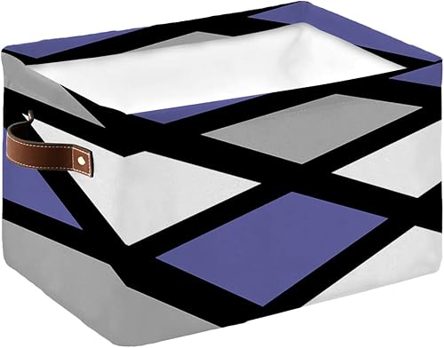 Cesta de almacenamiento de color morado y gris para organizar estantes, cajas de almacenamiento plegables con asa, arte abstracto geométrico blanco