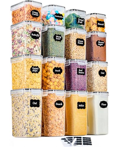 GoMaihe Boite de Rangement Cuisine Lot de 16, Bocaux Hermetiques Alimentaires en Plastique Scellée avec Couvercle, Pour Stocker les Cereales, Pâtes, Farine,...