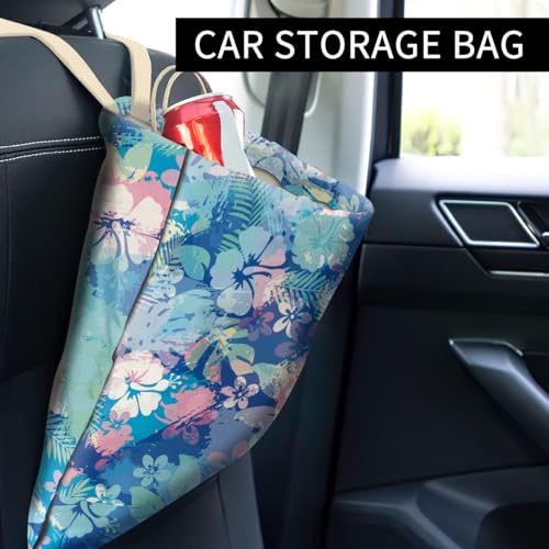 Image of Car Trash Can, Cute Car Trash Bag, Hanging Car Organizer and Storage Bag, Trash Bin for Car Accessories, Vehicle, Travelling, Camping Tropical Hawaiian flowers